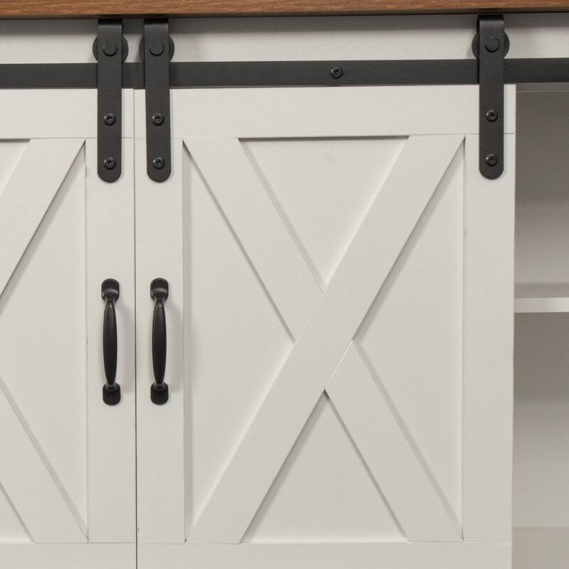 White TV Stand with Sliding Barn Doors Modern Rustic Entertainment Console, Adjustable Shelves